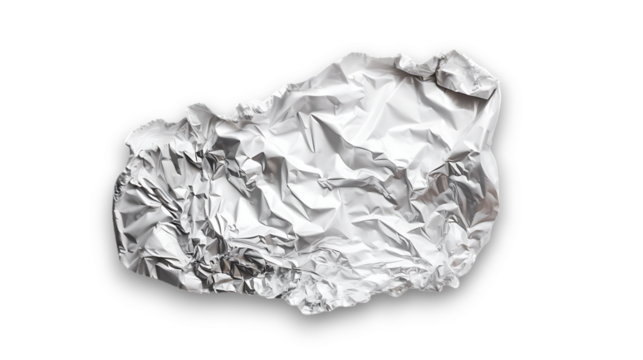 
An irregularly shaped and wrinkled aluminum foil sheet isolated on transparent background. 