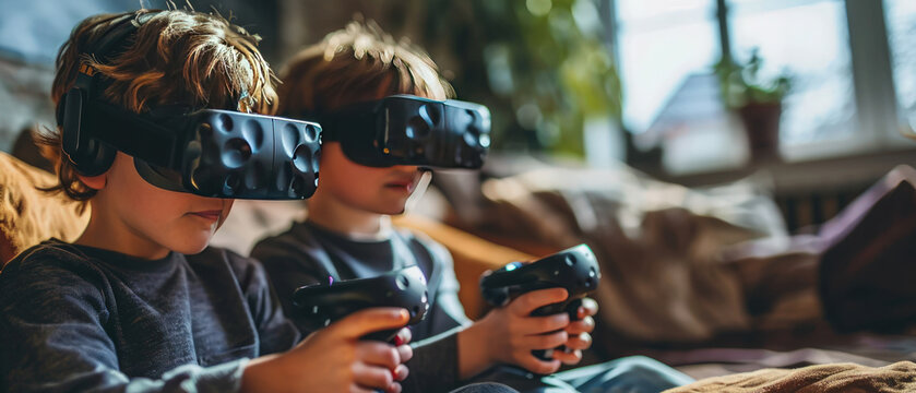 Two Children Playing Virtual Reality Games Indoors, Focused and Engaged, in a Cozy Living Room With Natural Light. Generative AI