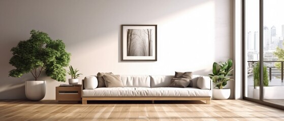 Modern Living Room with Wooden Floors, Cozy Sofa, Minimal Decorations, Empty Frame and Lake View on Window. Empty Frame Mockup Hung on the Wall can be used as Art and Print Mockup. 3D Rendering