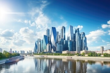 Fototapeta na wymiar Cityscape with skyscrapers on the background of the river, Panoramic view of Moscow-City and Moscow River, International business center in the daytime, AI Generated