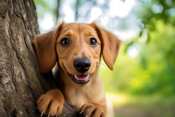 Dachshund peeking out from behind a tree in the park - obrazy, fototapety, plakaty