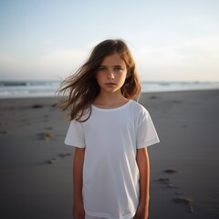 girl, a child in a white T-shirt, standing against the background of the beach, in the style of minimalistic sophistication, modest charm, matte photos, a mock-up of a white empty T-shirt.