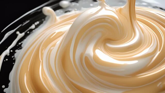 Panning shot of a swirling vortex of condensed milk spinning in a glass with captivatingly slow speed.