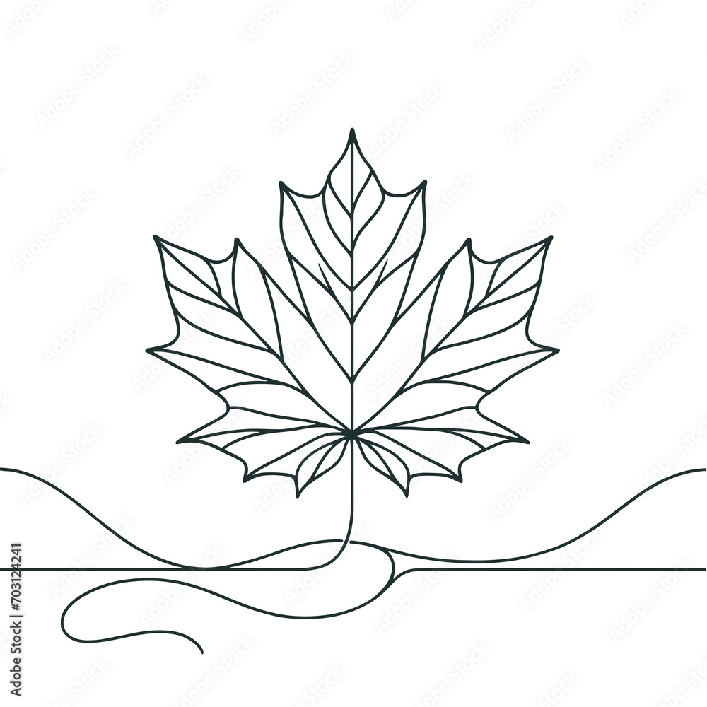 Wall mural continuous contour of maple leaf in one line