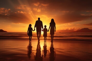 Fototapeta premium Silhouette of a family walking on the beach at sunset, Rear view of a happy family walking hand in hand down a paradise beach during sunset, AI Generated