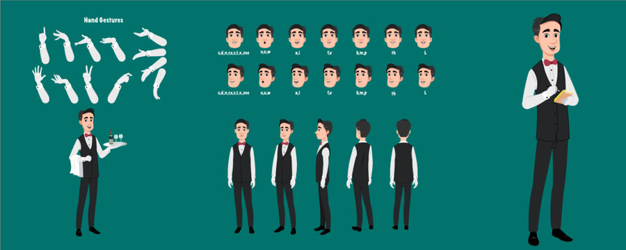 A waiter, butler model sheet. Male waiter creation set. Butler turnaround sheet, hand gestures, lip sync
