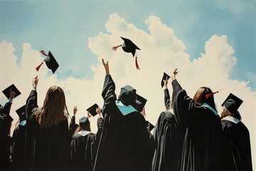Graduates throwing mortarboard and diploma in the air. Graduation concept, Rear view of a group of graduates tipping their graduation caps upwards, AI Generated