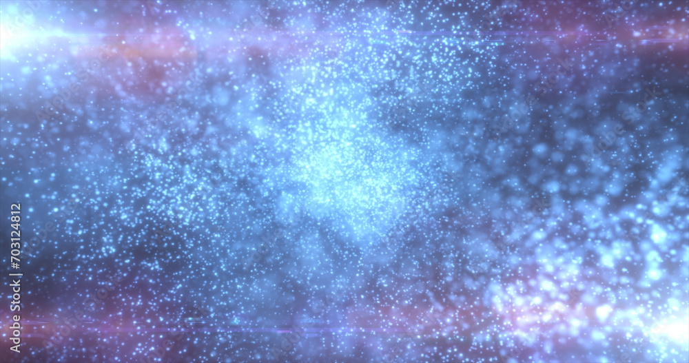 Poster blue background of many blurred circles with bokeh effect of energy magical glowing particles and li
