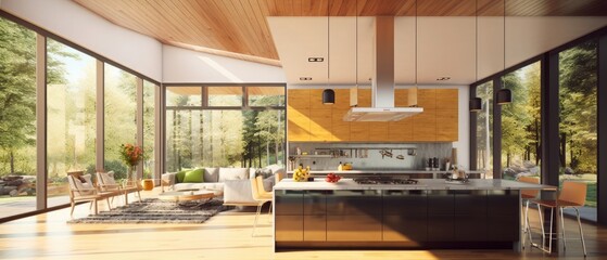 Modern open plan kitchen with living area and big window