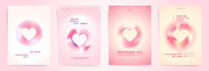 Valentine's Day Card Collection. Hearts Posters with Pink Rounded Gradient Aesthetics. Romantic Invitation and Greeting Templates.