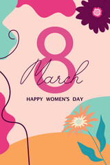 Greeting card for Women's Day March 8th. Floral background.