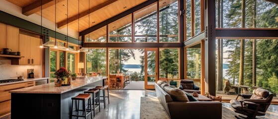 Pacific Northwest Contemporary home with large view windows and wood beams