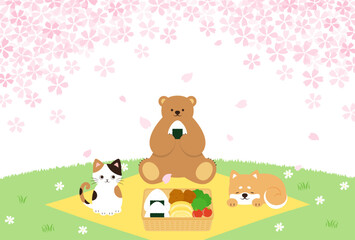Obraz na płótnie Canvas spring vector background with a bento box, cat, bear and dog having a Cherry blossom viewing party on a green field for banners, cards, flyers, social media wallpapers, etc.