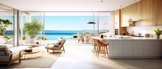 Fototapeta na wymiar Sea view kitchen, dining and living room of luxury beach house with terrace near swimming pool in modern design. Vacation home or holiday villa for big family. Interior 3d rendering