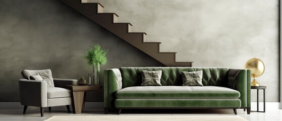 Stylish composition of stairs in living room interior. Grey sofa, green velvet armchair, coffee table and minimalist personal accessories. Modern home decor. Template.