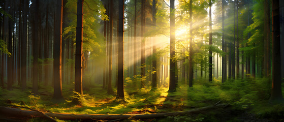 Beautiful rays of sunlight in a green forest_Generative AI