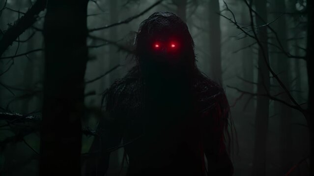 A specter emerging from a sinister forest its eyes glowing red with malevolence.