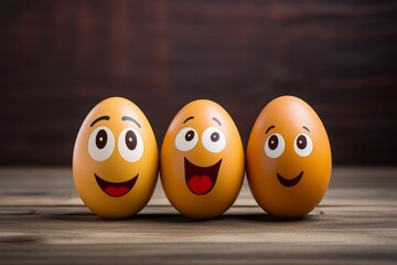 Three eggs with drawn faces with different happy expressing emotions
