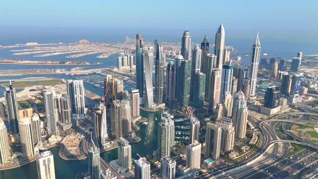 Aerial view of Dubai Marina. Dubai Marina is an affluent residential neighborhood known for The Beach.