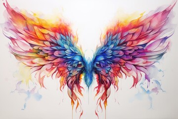 Colorful watercolor wings on white background. Hand-drawn illustration, Magic wings in watercolor, AI Generated