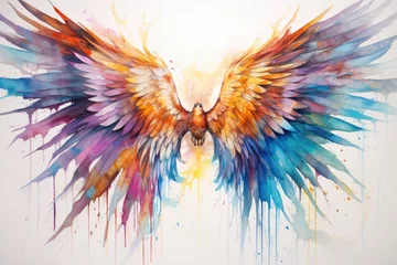 Selbstklebende Fototapeten Colorful bird wings on white background. Digital watercolor painting, Magic wings in watercolor, AI Generated © Ifti Digital