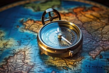 Fototapeta na wymiar Compass on a world map. Vintage style. Selective focus, Magnetic compass on a world map, Travel, geography, navigation, tourism, and exploration concept, AI Generated
