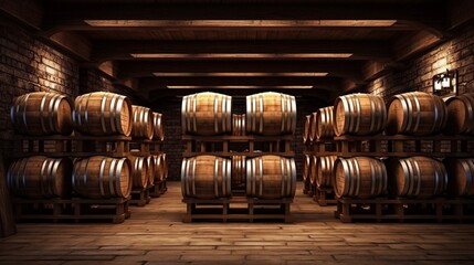 wine barrels in cellar - obrazy, fototapety, plakaty
