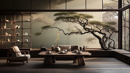 A concise and elegant chinese zen tea house des Ai generated art - obrazy, fototapety, plakaty