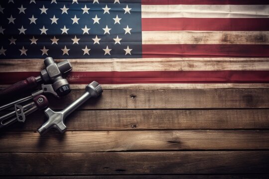American flag with vintage camera on wooden background. Labor day concept, Mechanic tools and the USA flag on a wooden background, copy space, AI Generated