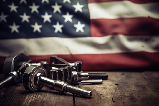 Close-up of a wrench on a wooden table against the background of the American flag, Mechanic tools and the USA flag on a wooden background, copy space, AI Generated