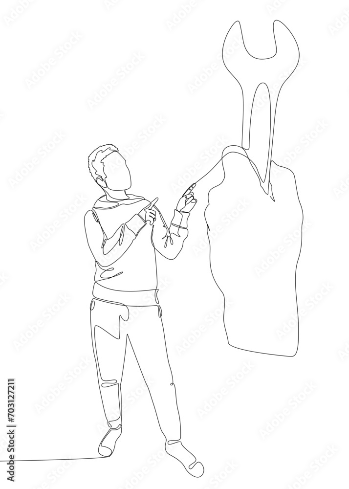 Poster one continuous line of man pointing with finger at wrench. thin line illustration vector concept. co