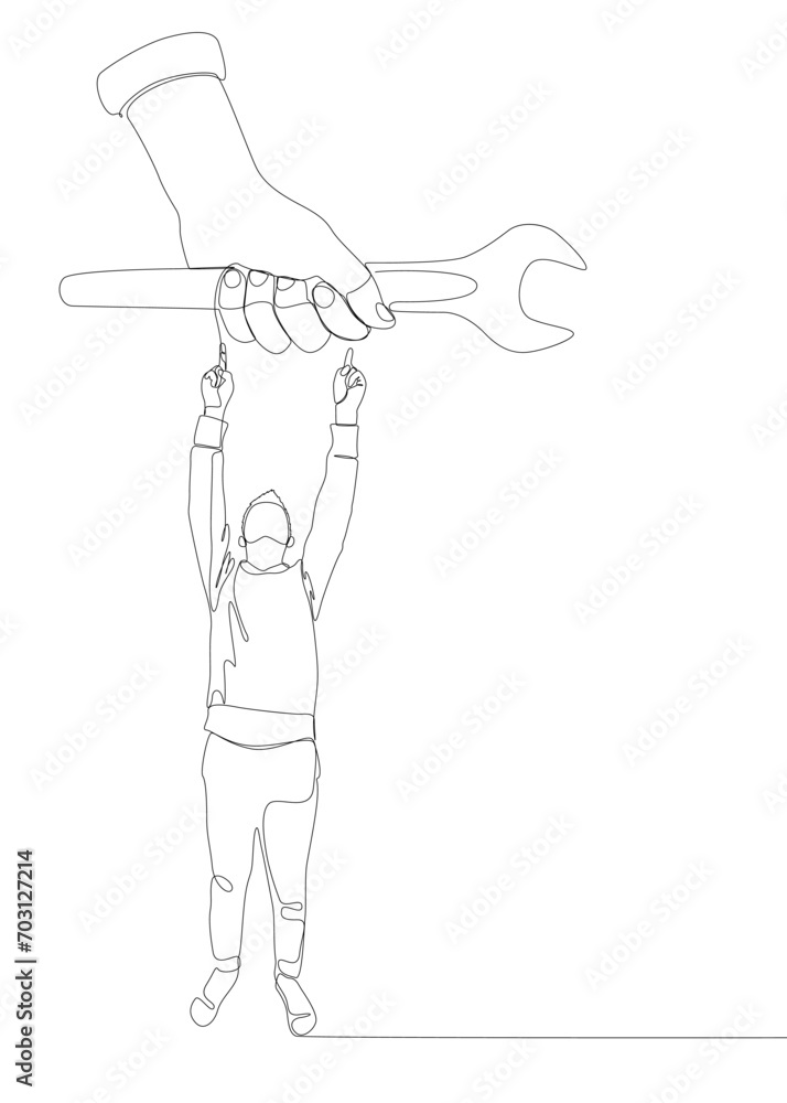 Poster one continuous line of man pointing with finger at wrench. thin line illustration vector concept. co