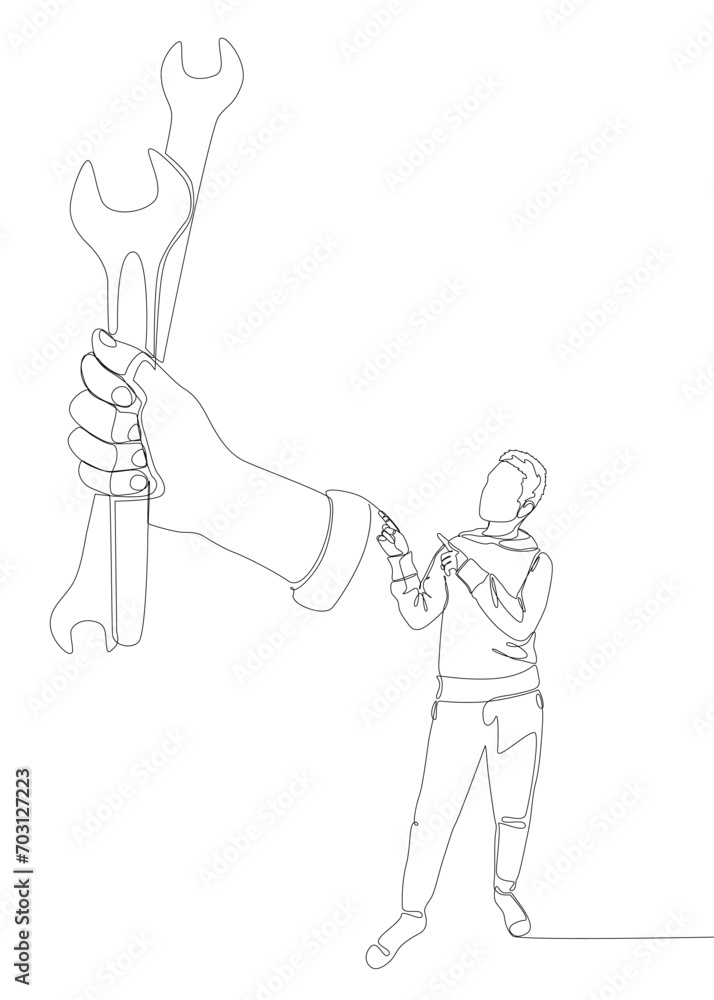 Poster one continuous line of man pointing with finger at wrench. thin line illustration vector concept. co