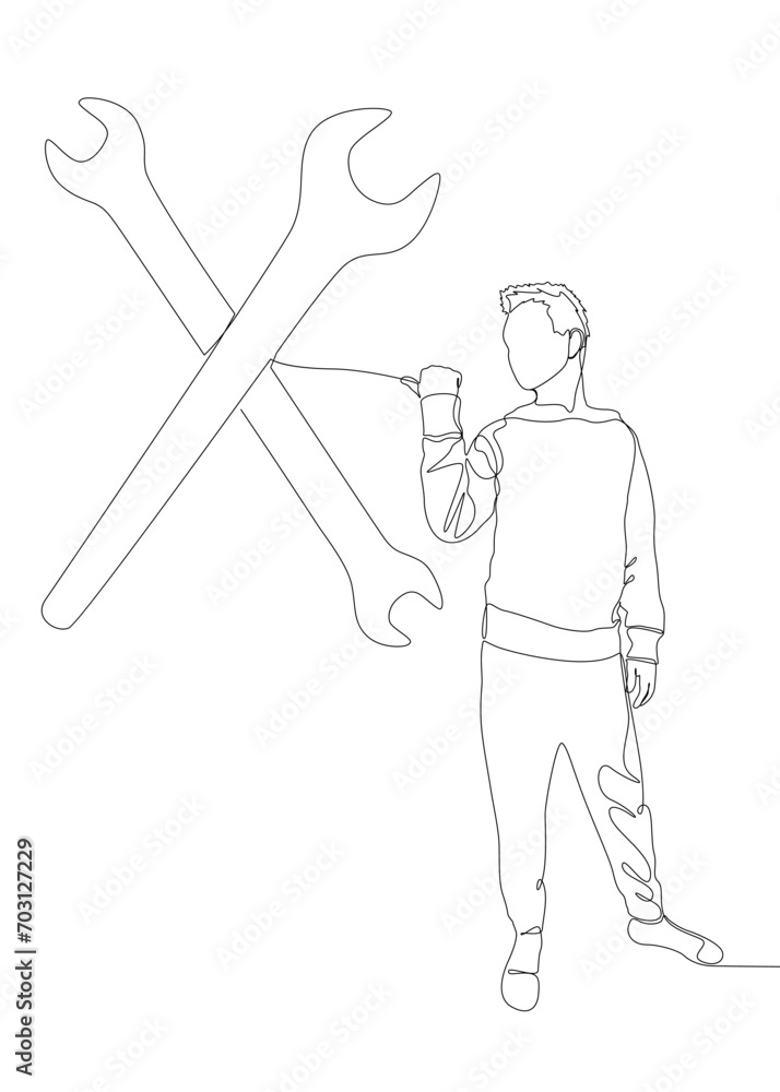 Poster one continuous line of man pointing with finger at wrench. thin line illustration vector concept. co