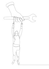 One continuous line of Man pointing with finger at Wrench. Thin Line Illustration vector concept. Contour Drawing Creative ideas.