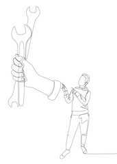 One continuous line of Man pointing with finger at Wrench. Thin Line Illustration vector concept. Contour Drawing Creative ideas.