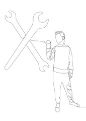 One continuous line of Man pointing with finger at Wrench. Thin Line Illustration vector concept. Contour Drawing Creative ideas.