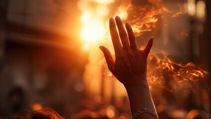 Hands reaching out to touch the light of God - obrazy, fototapety, plakaty