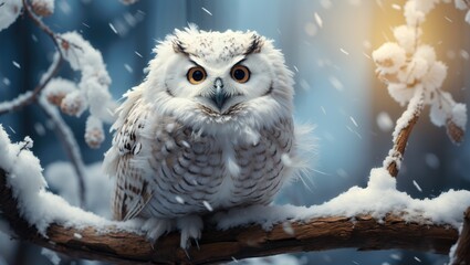 White owl on the branch in winter