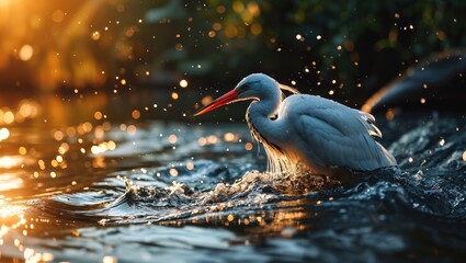 Eastern great egret bird on the surface of the water, natural wildlife environment - obrazy, fototapety, plakaty