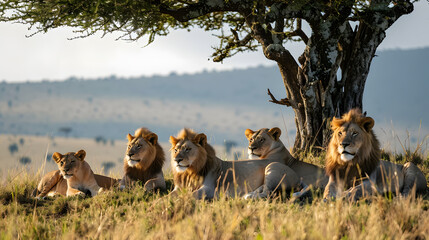 Lions are sitting under a tree amidst golden grass fields, with a backdrop of mountains.