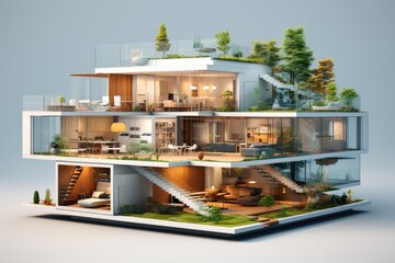 3d rendering of modern cozy house with garage and pool for sale or rent. Black and white colors,...