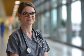 Portrait of a woman about 30 years old in a gray nurse uniform in a hospital