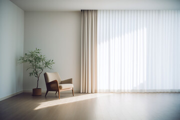 The modern minimalistic scene of the cream-colored room is illuminated by soft light, featuring beige chairs, curtains, and potted plants.