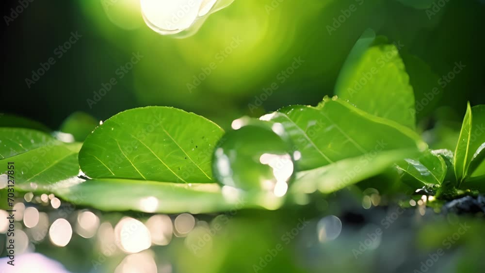 Aufkleber closeup of a single raindrop landing on a glossy leaf, creating a reflection of the surrounding envi