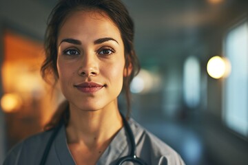 Obraz premium Portrait of a woman about 30 years old in a gray nurse uniform in a hospital
