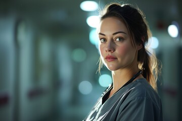 Obraz premium Portrait of a woman about 30 years old in a gray nurse uniform in a hospital
