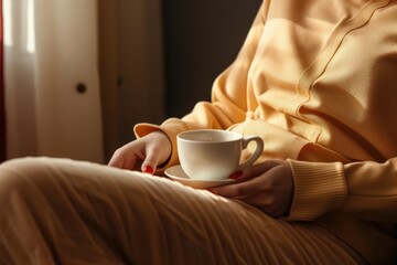 Fototapeta na wymiar Hands holding a white cup, golden light, cozy sweater.