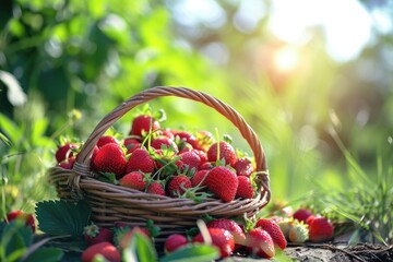 Fototapeta na wymiar Basket of ripe strawberries in on sunny day.