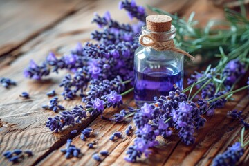Fototapeta na wymiar Herbal oil and lavender flowers on wooden background